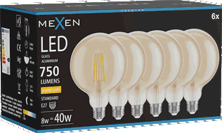 Mexen Vintis 6x Bec cu filament LED E27, G125, 8W, Cald - 2700K, 750 lm, chihlimbar - L158-E27-0827-50x06