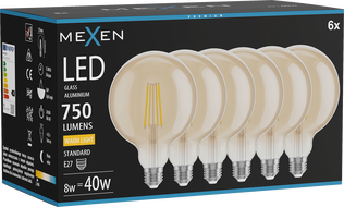 Mexen Vintis 6x LED filament izzó E27, G125, 8W, Meleg - 2700K, 750 lm, borostyán - L158-E27-0827-50x06