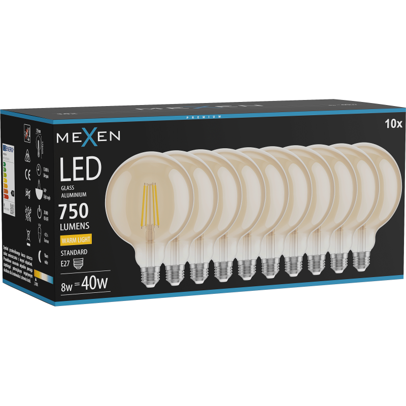 Mexen Vintis 10x LED filament izzó E27, G125, 8W, Meleg - 2700K, 750 lm, borostyánsárga - L158-E27-0827-50x10
