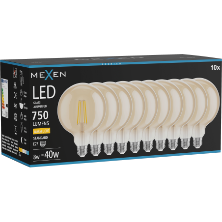 Mexen Vintis 10x Bec filament LED E27, G125, 8W, Caldă - 2700K, 750 lm, chihlimbar - L158-E27-0827-50x10