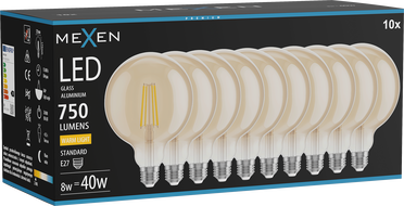 Mexen Vintis 10x Bec filament LED E27, G125, 8W, Caldă - 2700K, 750 lm, chihlimbar - L158-E27-0827-50x10
