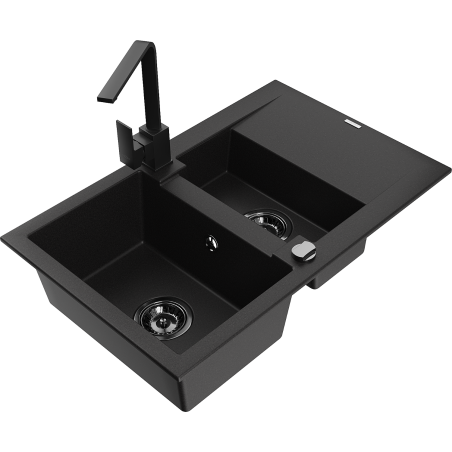 Mexen Gaspar chiuvetă de granit cu 1,5 compartimente cu scurgător și baterie de bucătărie Rita, neagră