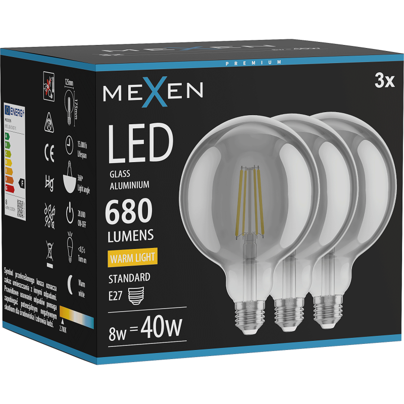 Mexen Vintis 3x Bec Filament LED E27, G125, 8W, Cald - 2700K, 680 lm, fumuriu - L158-E27-0827-70x03