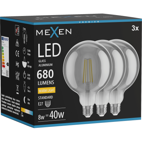 Mexen Vintis 3x LED filament izzó E27, G125, 8W, Meleg - 2700K, 680 lm, füstös - L158-E27-0827-70x03