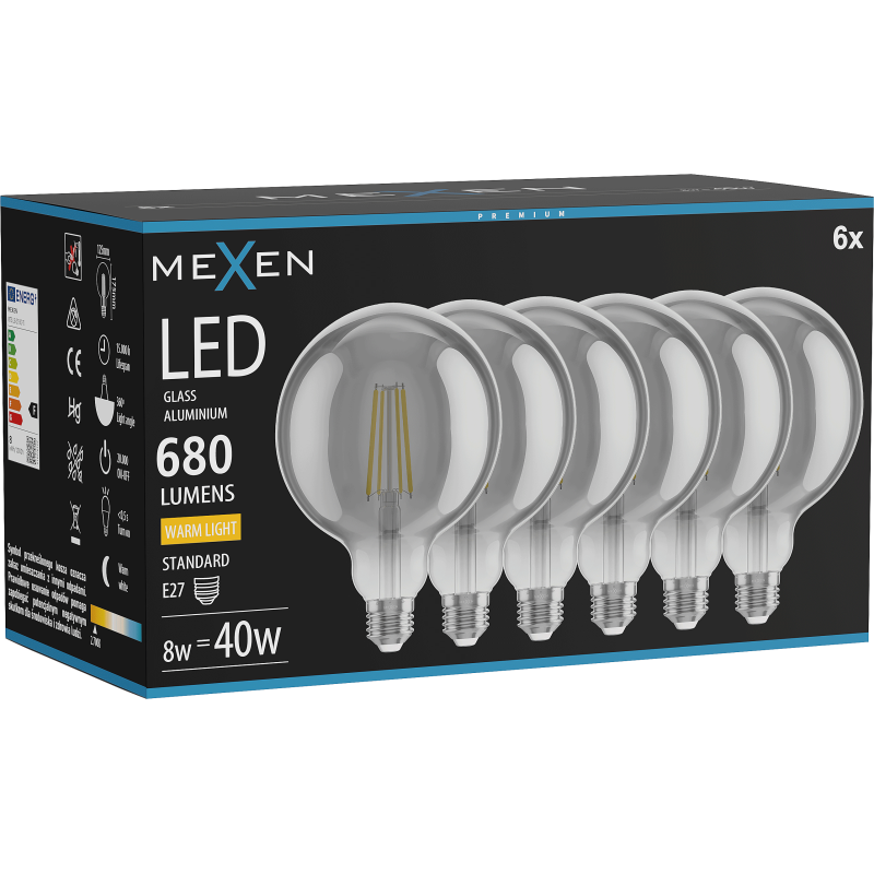 Mexen Vintis 6x LED filament izzó E27, G125, 8W, Meleg - 2700K, 680 lm, füstszínű - L158-E27-0827-70x06