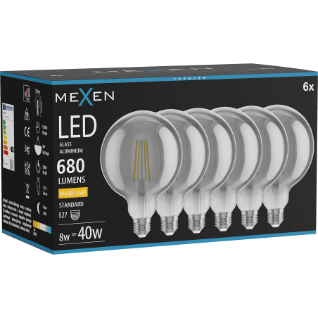 Mexen Vintis 6x Bec cu filament LED E27, G125, 8W, Caldă - 2700K, 680 lm, fumuriu - L158-E27-0827-70x06