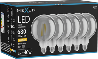 Mexen Vintis 6x LED filament izzó E27, G125, 8W, Meleg - 2700K, 680 lm, füstszínű - L158-E27-0827-70x06
