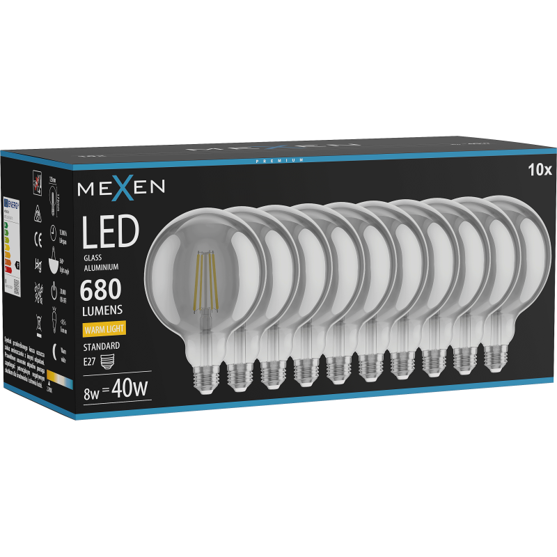 Mexen Vintis 10x LED filament izzó E27, G125, 8W, Meleg - 2700K, 680 lm, füstös - L158-E27-0827-70x10