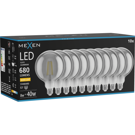 Mexen Vintis 10x LED filament izzó E27, G125, 8W, Meleg - 2700K, 680 lm, füstös - L158-E27-0827-70x10