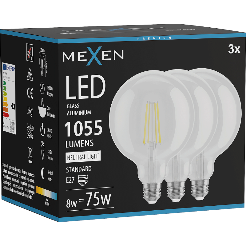 Mexen Vintis 3x LED filament izzó E27, G125, 8W, Semleges - 4000K, 1055 lm, átlátszó - L158-E27-0840-00x03