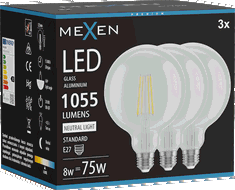 Mexen Vintis 3x Bec flashing filament LED E27, G125, 8W, Neutră - 4000K, 1055 lm, clar - L158-E27-0840-00x03