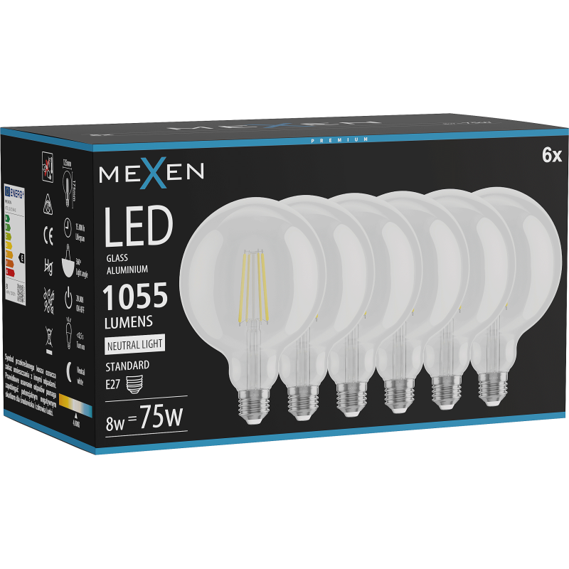 Mexen Vintis 6x Filament LED izzó E27, G125, 8W, Semleges - 4000K, 1055 lm, átlátszó - L158-E27-0840-00x06