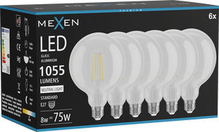 Mexen Vintis 6x Bec LED tip filament E27, G125, 8W, Neutru - 4000K, 1055 lm, clar - L158-E27-0840-00x06
