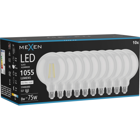 Mexen Vintis 10x LED filament izzó E27, G125, 8W, Semleges - 4000K, 1055 lm, átlátszó - L158-E27-0840-00x10