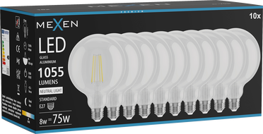 Mexen Vintis 10x LED filament izzó E27, G125, 8W, Semleges - 4000K, 1055 lm, átlátszó - L158-E27-0840-00x10