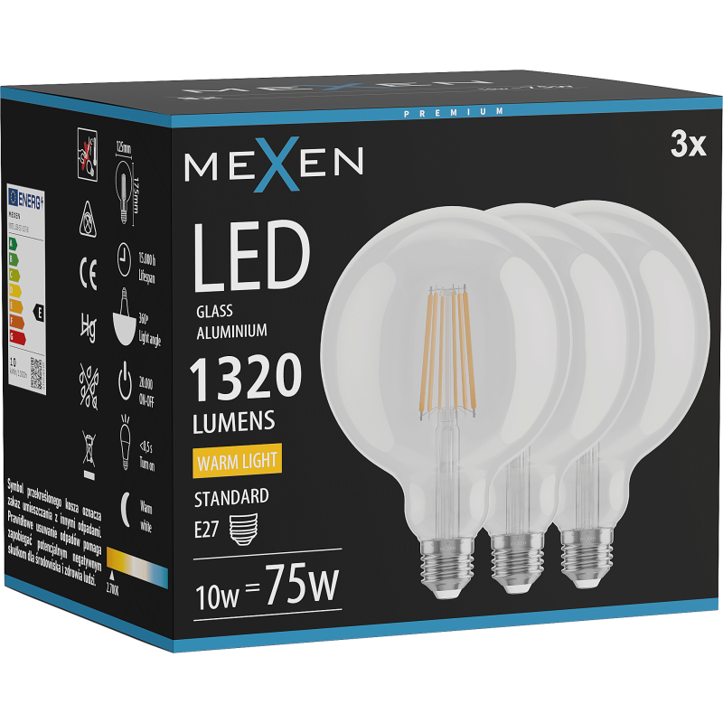 Mexen Vintis 3x Bec filament LED E27, G125, 10W, Caldă - 2700K, 1320 lm, transparent - L158-E27-1027-00x03