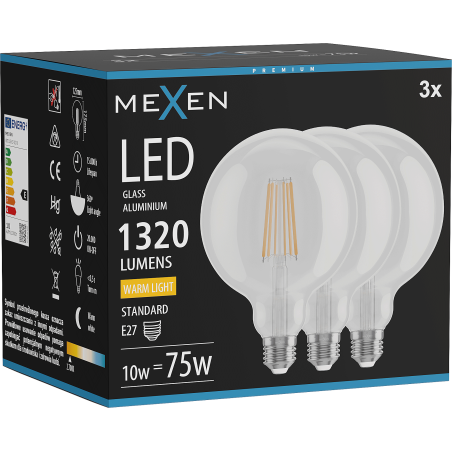 Mexen Vintis 3x Bec filament LED E27, G125, 10W, Caldă - 2700K, 1320 lm, transparent - L158-E27-1027-00x03