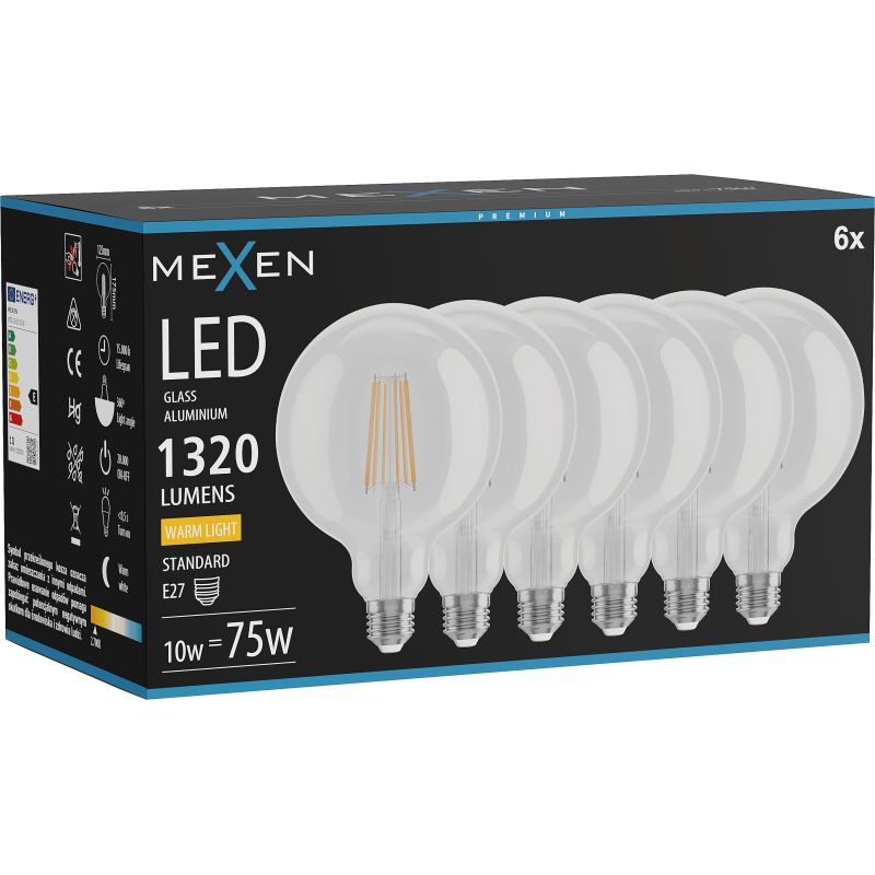 Mexen Vintis 6x Bec LED filament E27, G125, 10W, Cald - 2700K, 1320 lm, clar - L158-E27-1027-00x06