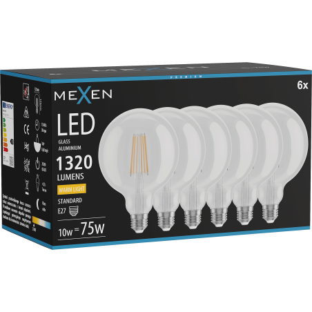 Mexen Vintis 6x Bec LED filament E27, G125, 10W, Cald - 2700K, 1320 lm, clar - L158-E27-1027-00x06