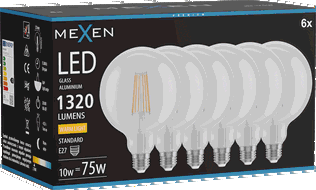 Mexen Vintis 6x Bec LED filament E27, G125, 10W, Cald - 2700K, 1320 lm, clar - L158-E27-1027-00x06