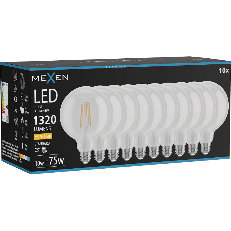 Mexen Vintis 10x LED izzószálas izzó E27, G125, 10W, Meleg - 2700K, 1320 lm, tiszta - L158-E27-1027-00x10