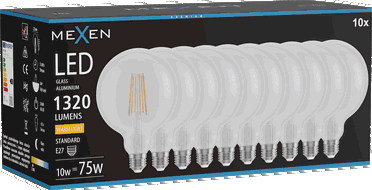 Mexen Vintis 10x Bec LED cu filament E27, G125, 10W, Caldă - 2700K, 1320 lm, clar - L158-E27-1027-00x10