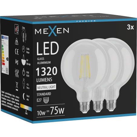 Mexen Vintis 3x Bec LED cu filament E27, G125, 10W, Neutru - 4000K, 1320 lm, transparent - L158-E27-1040-00x03