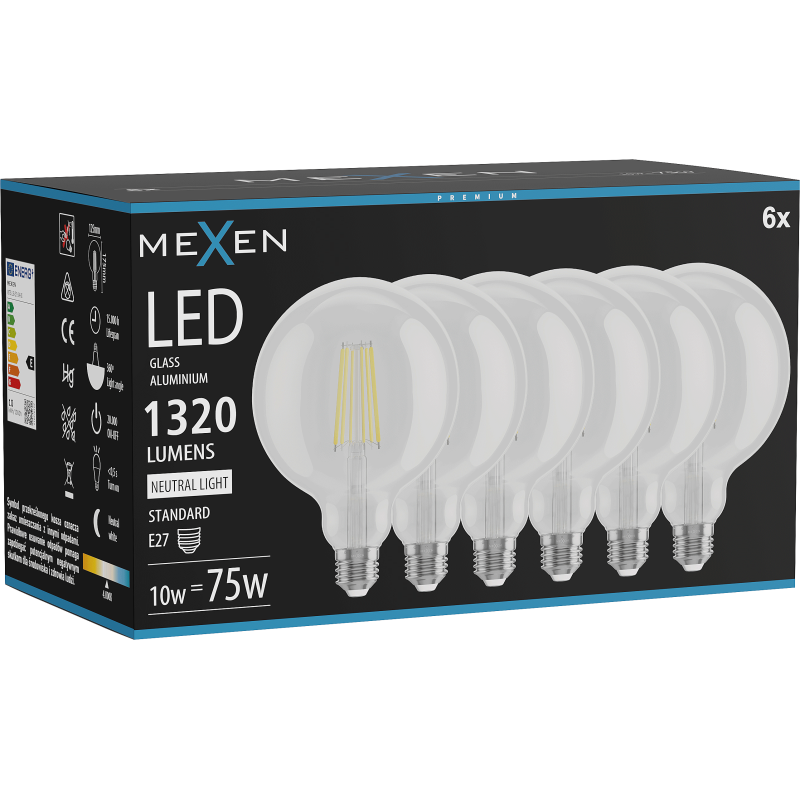 Mexen Vintis 6x LED filament izzólámpa E27, G125, 10W, Semleges - 4000K, 1320 lm, átlátszó - L158-E27-1040-00x06