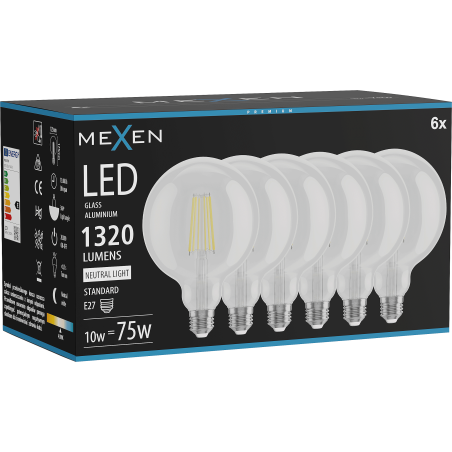 Mexen Vintis 6x Bec LED cu filament E27, G125, 10W, Neutru - 4000K, 1320 lm, clar - L158-E27-1040-00x06