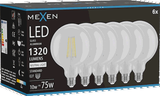 Mexen Vintis 6x Bec LED cu filament E27, G125, 10W, Neutru - 4000K, 1320 lm, clar - L158-E27-1040-00x06
