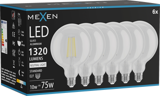 Mexen Vintis 6x LED filament izzólámpa E27, G125, 10W, Semleges - 4000K, 1320 lm, átlátszó - L158-E27-1040-00x06
