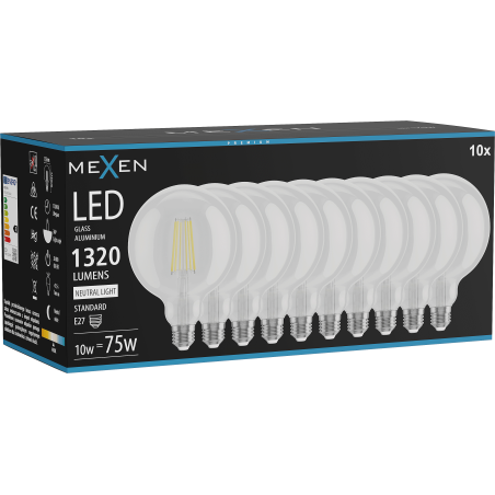 Mexen Vintis 10x LED filament izzó E27, G125, 10W, Semleges - 4000K, 1320 lm, átlátszó - L158-E27-1040-00x10