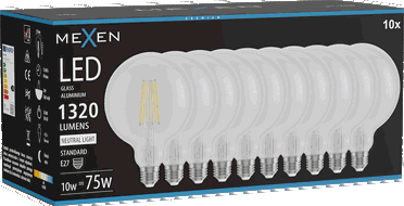 Mexen Vintis 10x Bec LED cu filament E27, G125, 10W, Neutru - 4000K, 1320 lm, transparent - L158-E27-1040-00x10