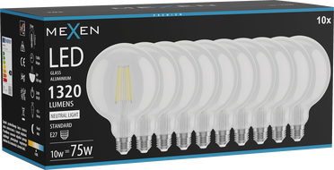 Mexen Vintis 10x LED filament izzó E27, G125, 10W, Semleges - 4000K, 1320 lm, átlátszó - L158-E27-1040-00x10