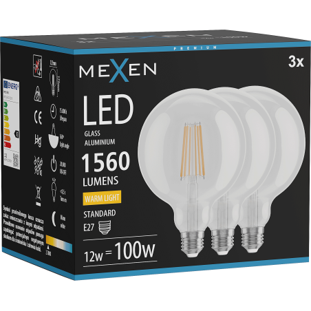 Mexen Vintis 3x LED filament izzó E27, G125, 12W, Meleg - 2700K, 1560 lm, átlátszó - L158-E27-1227-00x03