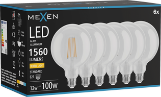 Mexen Vintis 6x LED filament lámpa E27, G125, 12W, Meleg - 2700K, 1560 lm, átlátszó - L158-E27-1227-00x06