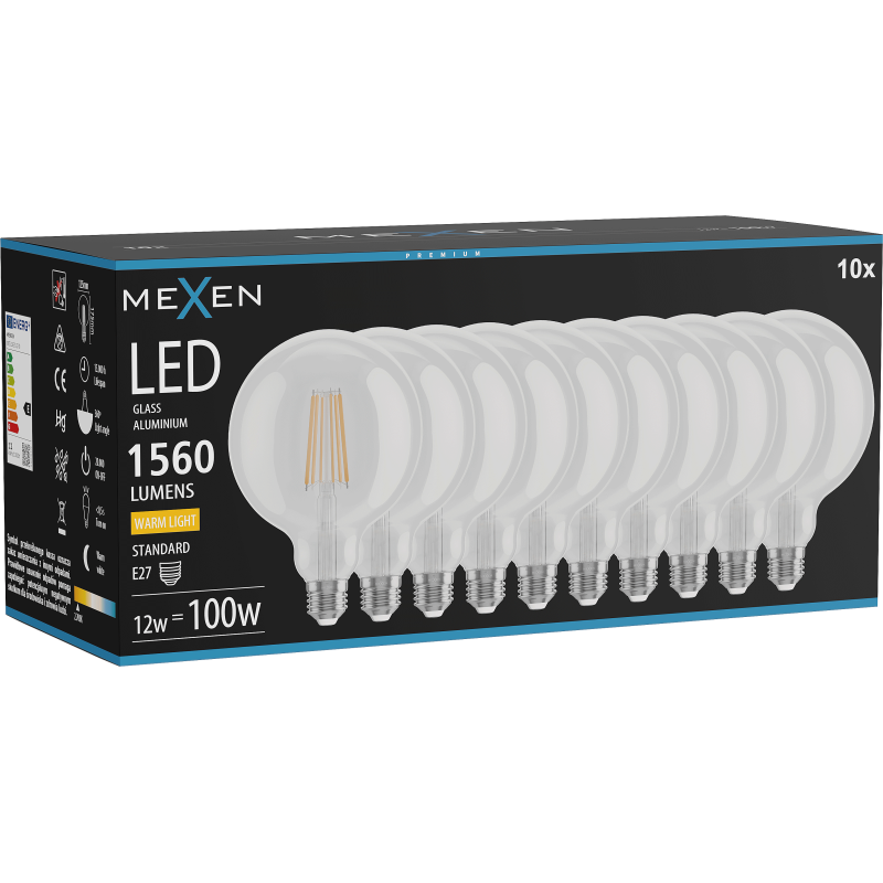 Mexen Vintis 10x Bec cu filament LED E27, G125, 12W, Cald - 2700K, 1560 lm, transparent - L158-E27-1227-00x10