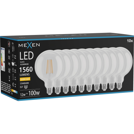 Mexen Vintis 10x LED filament izzó E27, G125, 12W, Meleg - 2700K, 1560 lm, átlátszó - L158-E27-1227-00x10