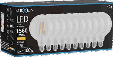 Mexen Vintis 10x Bec cu filament LED E27, G125, 12W, Cald - 2700K, 1560 lm, transparent - L158-E27-1227-00x10