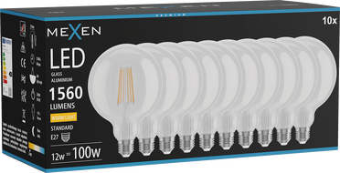 Mexen Vintis 10x LED filament izzó E27, G125, 12W, Meleg - 2700K, 1560 lm, átlátszó - L158-E27-1227-00x10