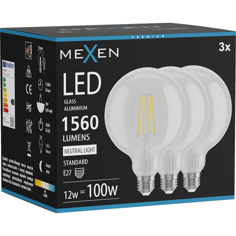 Mexen Vintis 3x Bec LED Filament E27, G125, 12W, Neutru - 4000K, 1560 lm, clar - L158-E27-1240-00x03