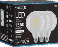 Mexen Vintis 3x Bec LED Filament E27, G125, 12W, Neutru - 4000K, 1560 lm, clar - L158-E27-1240-00x03
