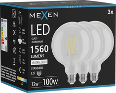 Mexen Vintis 3x LED filament izzó E27, G125, 12W, Semleges - 4000K, 1560 lm, átlátszó - L158-E27-1240-00x03