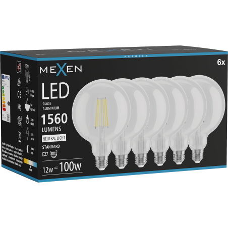 Mexen Vintis 6x Bec filament LED E27, G125, 12W, Neutru - 4000K, 1560 lm, clar - L158-E27-1240-00x06