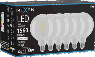Mexen Vintis 6x Bec filament LED E27, G125, 12W, Neutru - 4000K, 1560 lm, clar - L158-E27-1240-00x06
