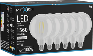 Mexen Vintis 6x Filament LED izzó E27, G125, 12W, Semleges - 4000K, 1560 lm, átlátszó - L158-E27-1240-00x06