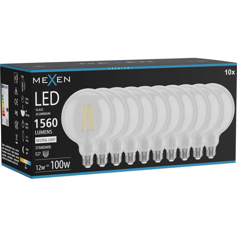 Mexen Vintis 10x Bec LED filament E27, G125, 12W, Neutru - 4000K, 1560 lm, transparent - L158-E27-1240-00x10