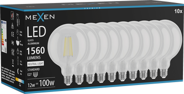Mexen Vintis 10x LED filament izzó E27, G125, 12W, Semleges - 4000K, 1560 lm, átlátszó - L158-E27-1240-00x10