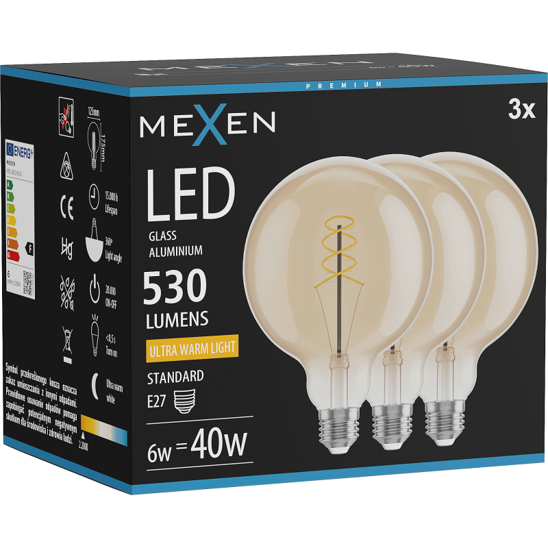 Mexen Vintis 3x Bec cu filament spirală LED E27, G125, 6W, Caldă - 2200K, 530 lm, amber - L168-E27-0622-50x03