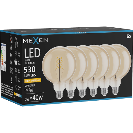 Mexen Vintis 6x Bec LED cu filament spiral E27, G125, 6W, Caldă - 2200K, 530 lm, chihlimbar - L168-E27-0622-50x06